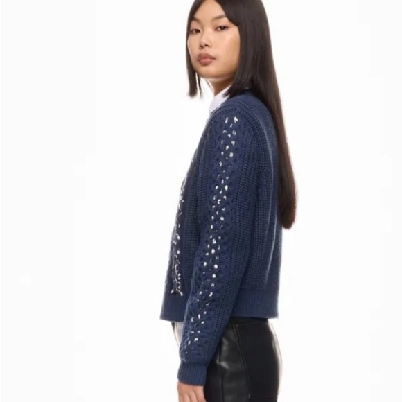 Jason Wu Collective Woven Detail Sweater Crew Neck Dark Blue Size Medium - Picture 2 of 9